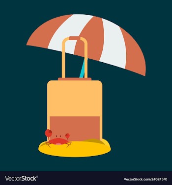Luggage in the send with crab and umbrella vector image