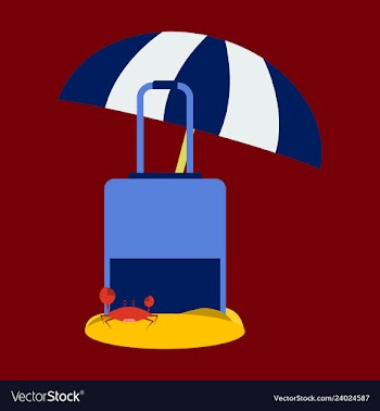 Luggage in the send with crab and umbrella vector image