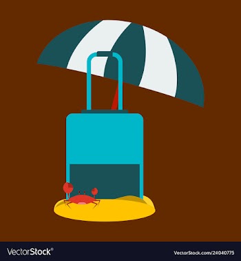 Luggage in the send with crab and umbrella vector image