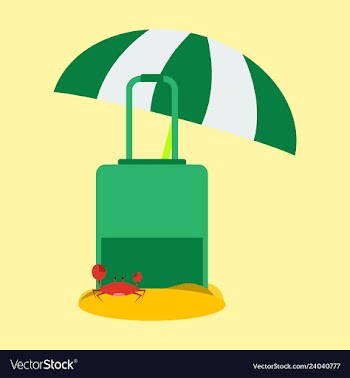 Luggage in the send with crab and umbrella vector image