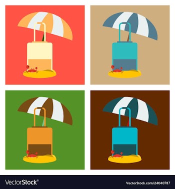 Luggage in the send with crab and umbrella vector image
