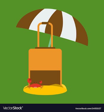 Luggage in the send with crab and umbrella vector image