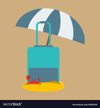 Luggage in the send with crab and umbrella vector image