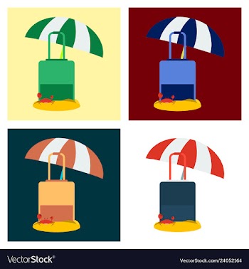 Luggage in the send with crab and umbrella vector image