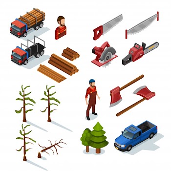 Lumberjack isometric icons set Free Vector