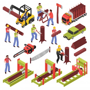 Lumberjack isometric icons set of workers sawing trees and logs with hand saw and  saw frame equipment isolated Free Vector