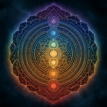 Luminous Chakra Mandala on Cosmic Backdrop