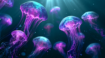 Luminous Jellyfish in Dark Teal Ocean Depths