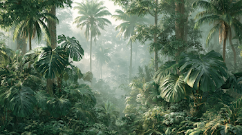 Lush Tropical Forest Landscape with Monstera Leaves