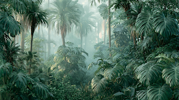 Lush Tropical Forest Landscape with Monstera Leaves