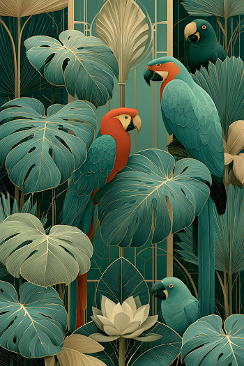 Lush Tropical Jungle Wall Art with Exotic Parrots