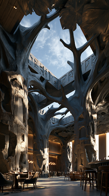 Luxurious Contemporary Café Interior with Sculptural Tree Pillars
