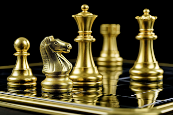 Luxurious Gold Chess Pieces on Glossy Black Board