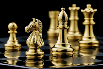 Luxurious Metallic Gold Chess Set on Glossy Black Board