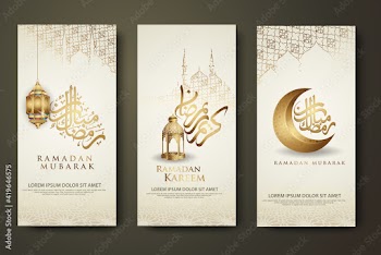 luxury and elegant roll up banner set template, Ramadan Kareem with calligraphy islamic, crescent moon, traditional lantern and mosque pattern texture islamic background