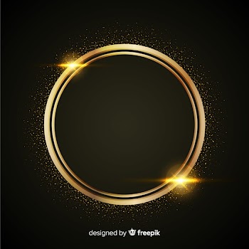 Luxury background with golden particles and rounded circle frame Free Vector