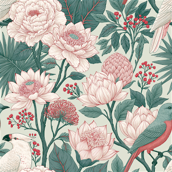 Luxury Botanical Bird Pattern with Tropical Flowers