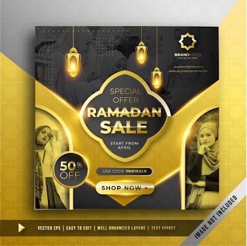 Luxury gold ramadan sale square banner promotion template Free Vector