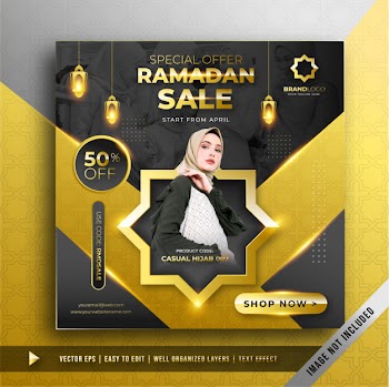 Luxury gold ramadan sale square banner promotion template Free Vector