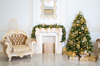 Luxury living room interior decorated with chic Christmas tree