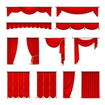Luxury scarlet red silk velvet curtains and draperies interior decoration design ideas realistic ico Free Vector