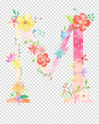 M with flower accent illustration, Letter Flower M Poster, Flowers letter M transparent background PNG clipart