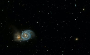 M51 through 127mm/952mm FL telescope for 9:55 of total exposure from 8600’ in CO.  Located an estimated 23 - 36 million light years from Earth, M51 is approximately 30,000 light years across and home to an estimated 100 billion stars.  It’s an interesting target due to its interaction with a dwarf elliptical galaxy, which it appears to be cannibalizing, but with the use of the Hubble astronomers have determined that the dwarf galaxy is actually behind M51. There is still interaction, though, and the dwarf galaxy’s gravitational forces have created areas of great star formation in M51.
