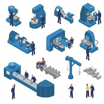 Machine tools with workers isometric set Free Vector
