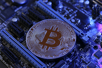 Macro Close-Up of Bitcoin Coin on Computer Motherboard