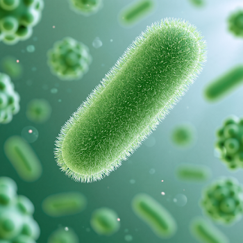 Macro Electron Micrograph of Green Rod-Shaped Bacterium