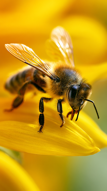 Macro Photography of a Honeybee on a Sunflower Petal