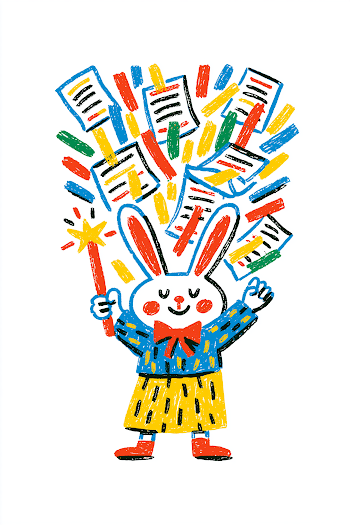 Magical Rabbit with Wand and Floating Papers