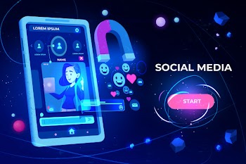 Magnet attracting likes, feedbacks and followers from smartphone with girl profile on screen landing page Free Vector