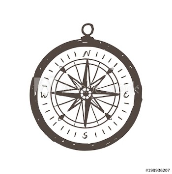 Magnetic compass hand drawn with black contour lines on white background