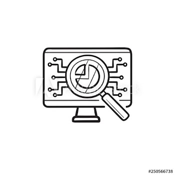 Magnifying glass and electronic circuit on computer hand drawn outline doodle icon