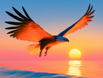 Majestic Eagle Soaring Above the Ocean at Sunset