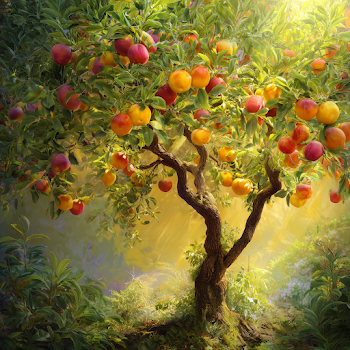Majestic Fruit Tree in Sunlit Forest