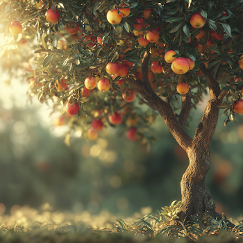 Majestic Fruit Tree in Sunlit Forest