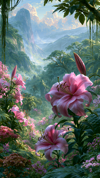 Majestic Garden with Giant Pink Lilies and Scenic Mountains