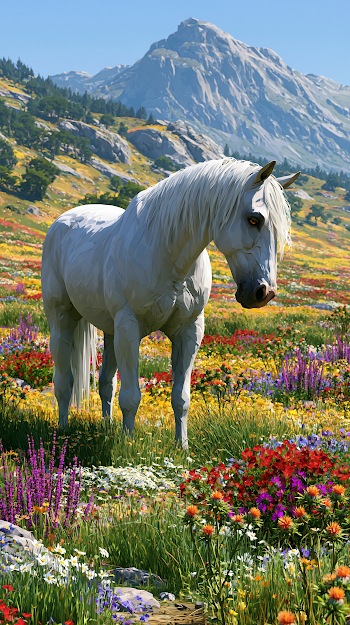 Majestic Horse in a Colorful Flower Valley