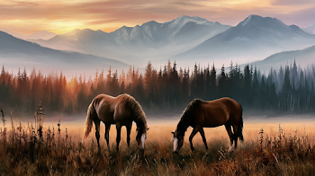 Majestic Horses Grazing at Sunset