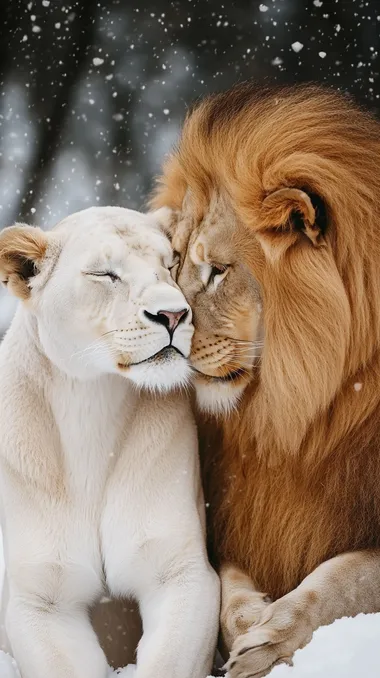 Majestic Love: A Lioness and Lion Embrace in the Snow