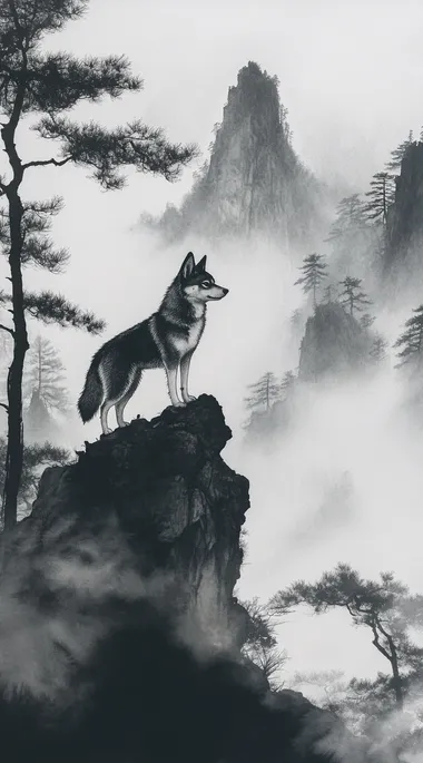 Majestic Shiba Inu: A Tranquil Mountain Portrait in Ink Wash Style Majestic Shiba Inu: A Tranquil Mountain Portrait in Ink Wash Style