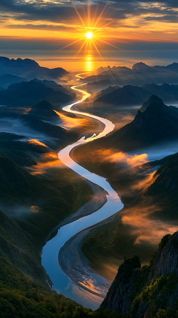 Majestic Sunrise Over a Winding River and Mountain Landscape