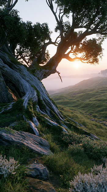 Majestic Tree at Sunrise in Serene Landscape