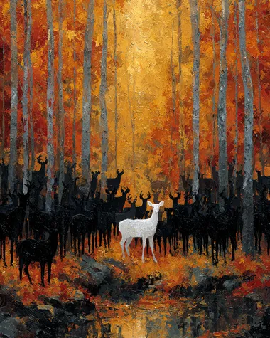 Majestic White Deer Among Autumn Silhouettes Majestic White Deer Among Autumn Silhouettes