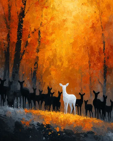 Majestic White Deer Among Autumn Silhouettes Majestic White Deer Among Autumn Silhouettes