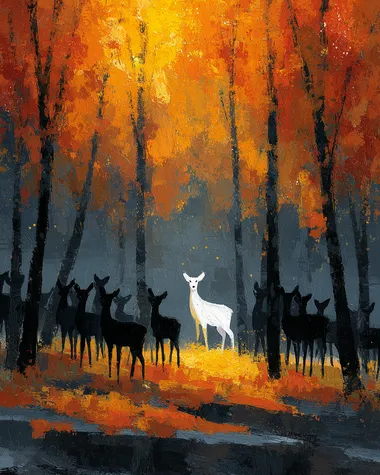 Majestic White Deer Among Autumn Silhouettes Majestic White Deer Among Autumn Silhouettes