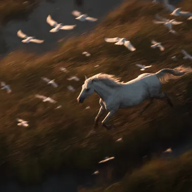Majestic White Horse Galloping at Dawn Majestic White Horse Galloping at Dawn