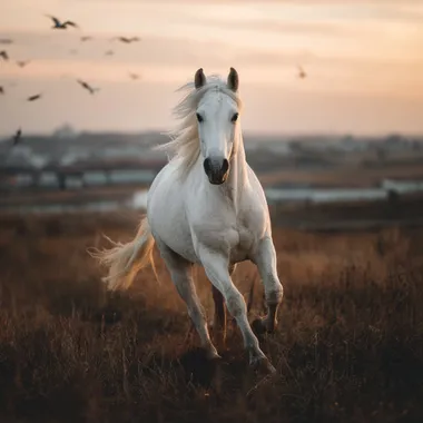 Majestic White Horse Running in Dawn Light Majestic White Horse Running in Dawn Light